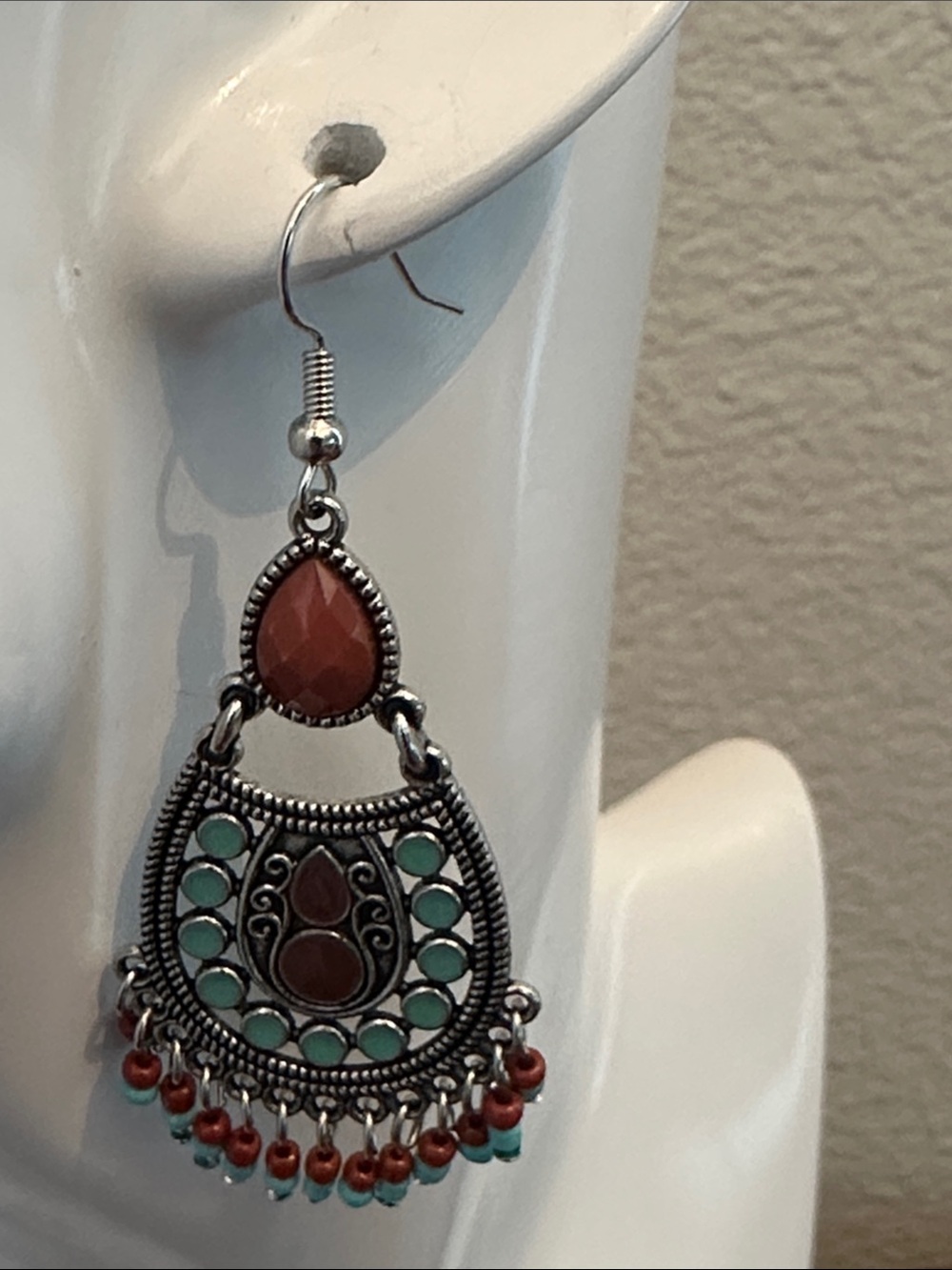 Boho Teardrop Dangle Earrings in Turquoise and Rust - Women Jewelry - Picture 2 of 8